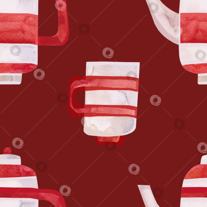 Скачать Акварельный бесшовный узор со старинными чайниками и чашками в красную и белую полоску. Узор для сезонной оберточной бумаги, ткани, текстиля, скатертей и штор в чайном кафе или кофейне. фотосток Ozero