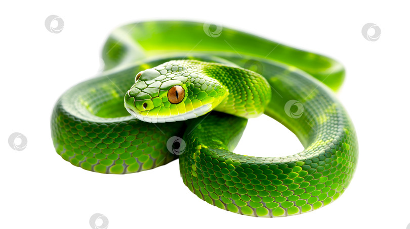 Скачать Зеленая змея в полный рост, выделенная на прозрачном фоне, выборочный фокус, элемент дизайна. Символ 2025 года, изолированный. Рождественская тема в виде змеи, представляющая концепцию Нового 2025 года, без фона фотосток Ozero