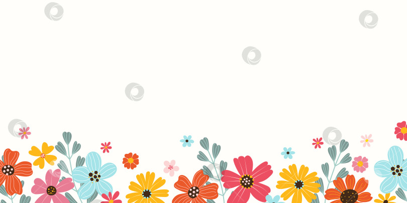 Скачать Прямоугольный ботанический баннер, украшенный яркими цветущими крупными цветами и листьями. Весенняя или летняя цветочная плоская векторная иллюстрация на белом фоне фотосток Ozero