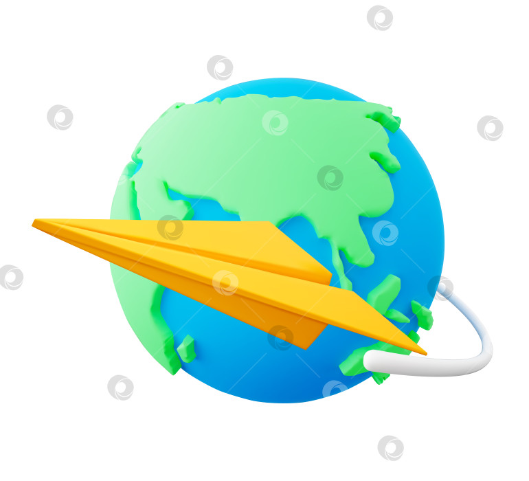 Скачать Желтый бумажный самолетик из 3D-мультфильма облетает вокруг земного шара. Бумажный самолетик оставляет белый след после своего полета. Элемент дизайна, воплощающий идеи изобретательности, исследования, коммуникации. Векторная иллюстрация. фотосток Ozero