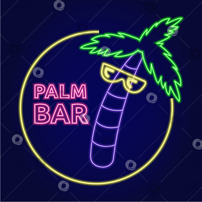 Скачать Неоновая иллюстрация пальмы в очках по кругу с надписью Palm bar. Логотип или вывеска для бара фотосток Ozero