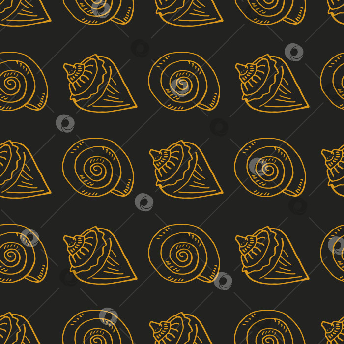 Скачать Бесшовный узор с желтыми морскими раковинами на черном фоне. Векторное изображение. фотосток Ozero