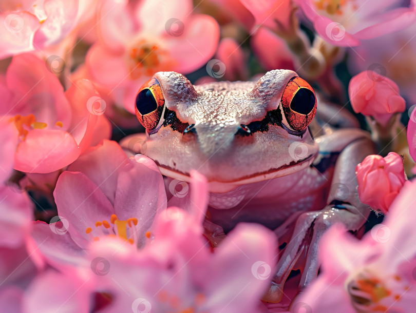 Скачать Изображение милой лягушки с красивыми глазами в весеннем цветочном саду. фотосток Ozero