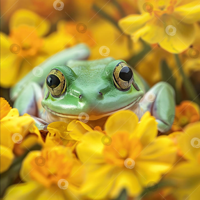 Скачать Изображение милой лягушки с красивыми глазами в весеннем цветочном саду. фотосток Ozero
