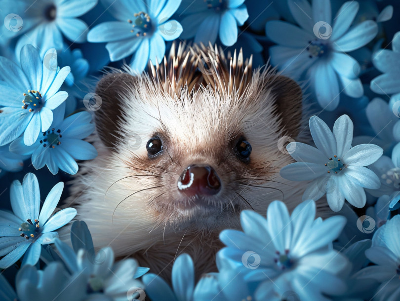 Скачать Изображение милого ежика с красивыми глазами в весеннем цветочном саду. фотосток Ozero