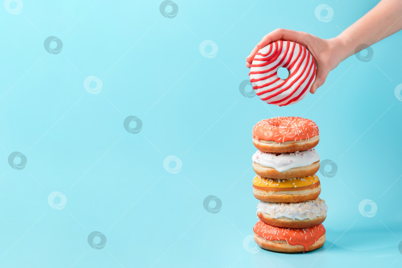 Скачать Стопка пончиков, пончик в руке на синем фоне, свободное место для копирования фотосток Ozero