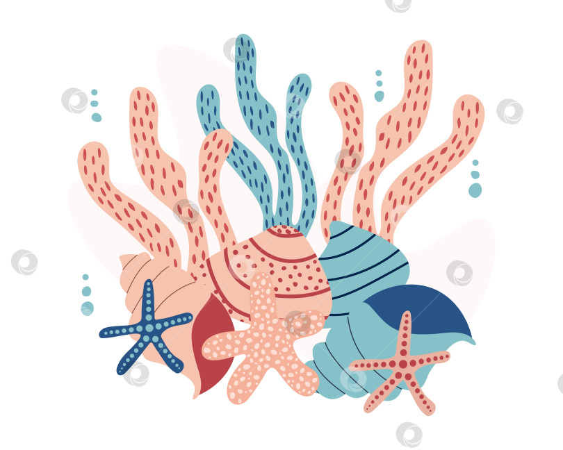 Скачать композиция из морских обитателей, состоящая из морских водорослей, ракушек и морских звезд, все элементы можно использовать по отдельности фотосток Ozero