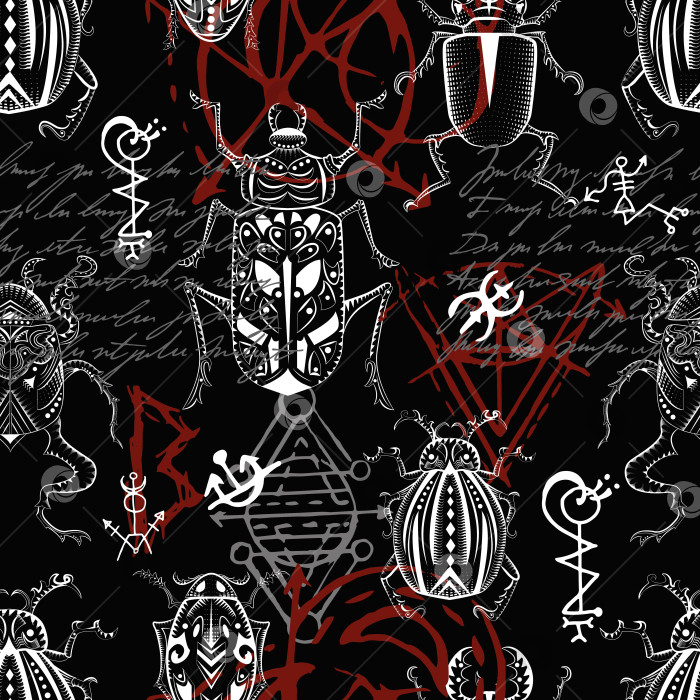 Скачать Бесшовный узор с мистически оформленными жуками и эзотерическими готическими символами на черном фоне. Никаких надписей на иностранном языке, все надписи выполнены в фантазийном стиле. фотосток Ozero
