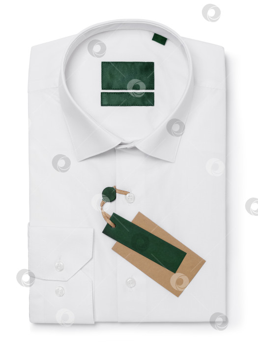 Скачать Классическая мужская рубашка в складку с длинными рукавами белого цвета, на пуговицах, утепленная, на белом фоне, вид сверху, шаблон для дизайнера фотосток Ozero
