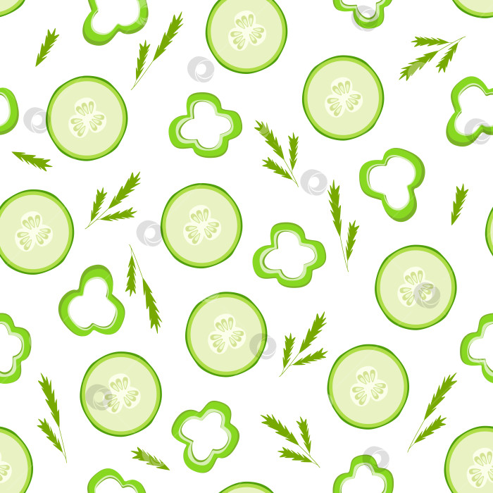 Скачать Бесшовный узор из свежих ломтиков зеленого огурца и ломтиков перца, векторная иллюстрация концепции полезного витаминного салата. фотосток Ozero