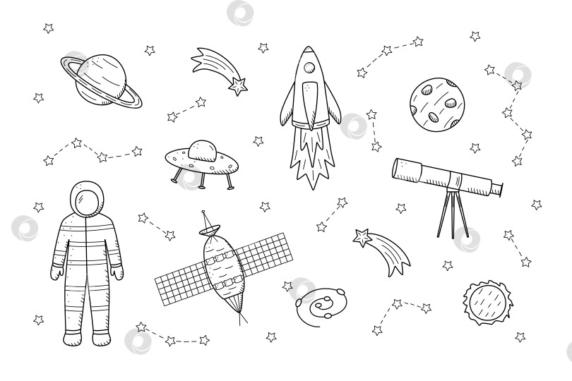 Скачать Cosmos doodle - это набор векторных иллюстраций. Иконки космических элементов: ракета, космонавт, звезды, спутник, телескоп, комета. фотосток Ozero