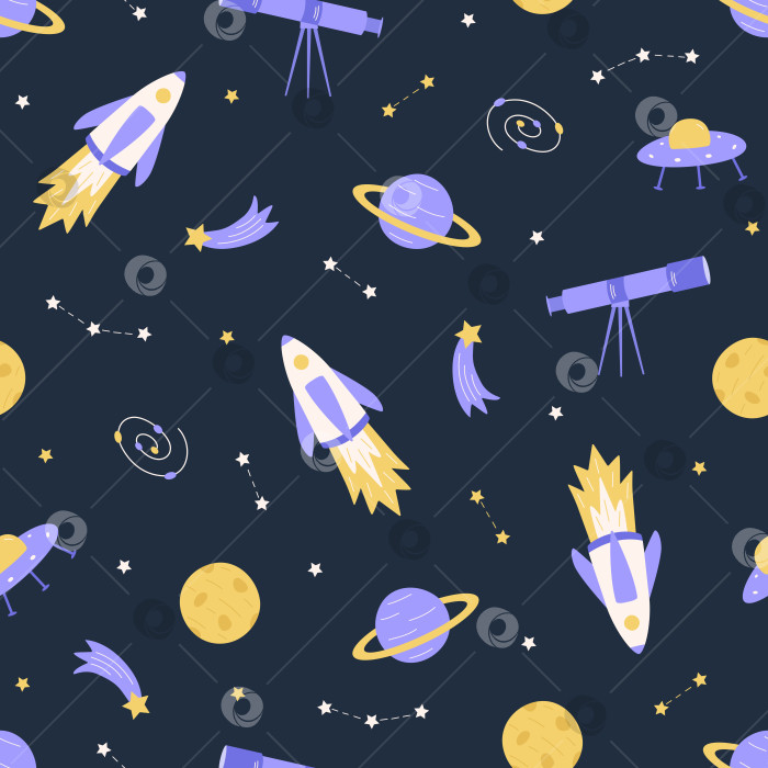 Скачать Бесшовный узор Cosmos doodle представляет собой набор векторных иллюстраций. Иконки космических элементов ракета, космонавт, звезды, спутник, телескоп, комета. фотосток Ozero