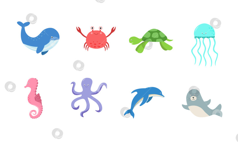 Скачать Мультяшный набор морских животных. Векторная иллюстрация черепаха, дельфин, кит, тюлень, медуза, краб, осьминог. фотосток Ozero