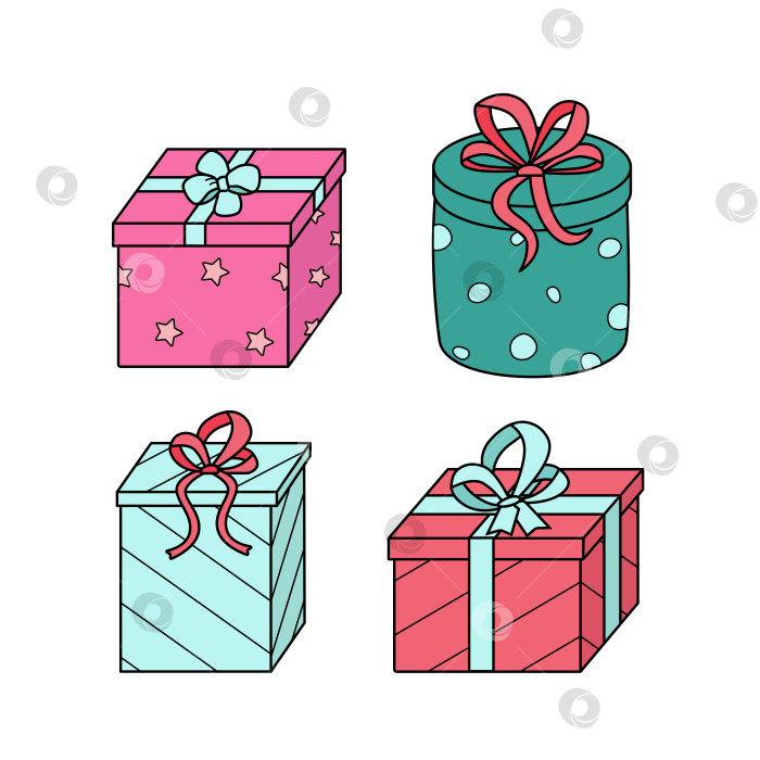 Скачать Подарочные коробки с бантиками. Векторная иллюстрация цветных значков праздничного подарка в упаковке. Набор коробок в оберточной бумаге, выделенных на белом фоне. фотосток Ozero