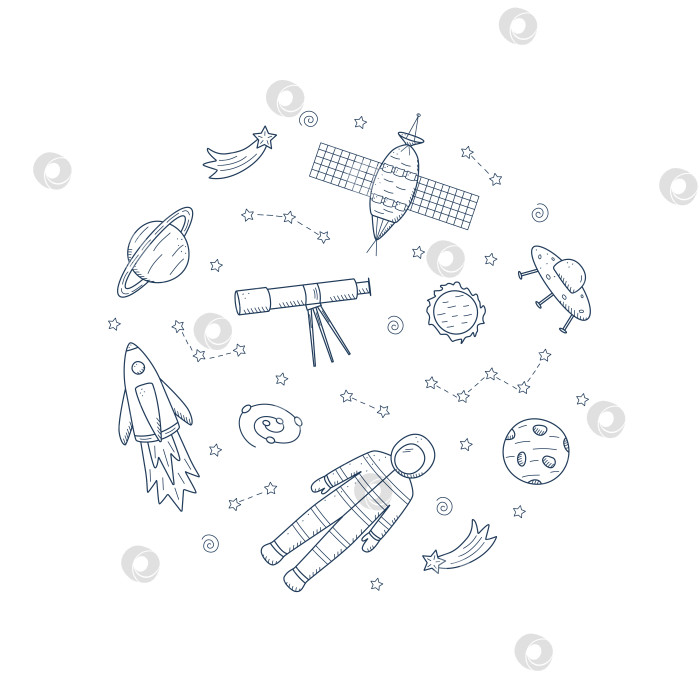 Скачать Cosmos doodle - это набор векторных иллюстраций в круге. Иконки космических элементов ракета, космонавт, звезды, спутник, телескоп, комета. фотосток Ozero