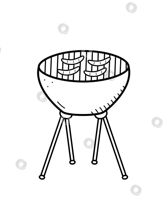 Скачать Сосиски обжариваются на решетке для барбекю. Современное устройство для разогрева пищи на открытом воздухе. Векторная иллюстрация в виде каракулей. фотосток Ozero