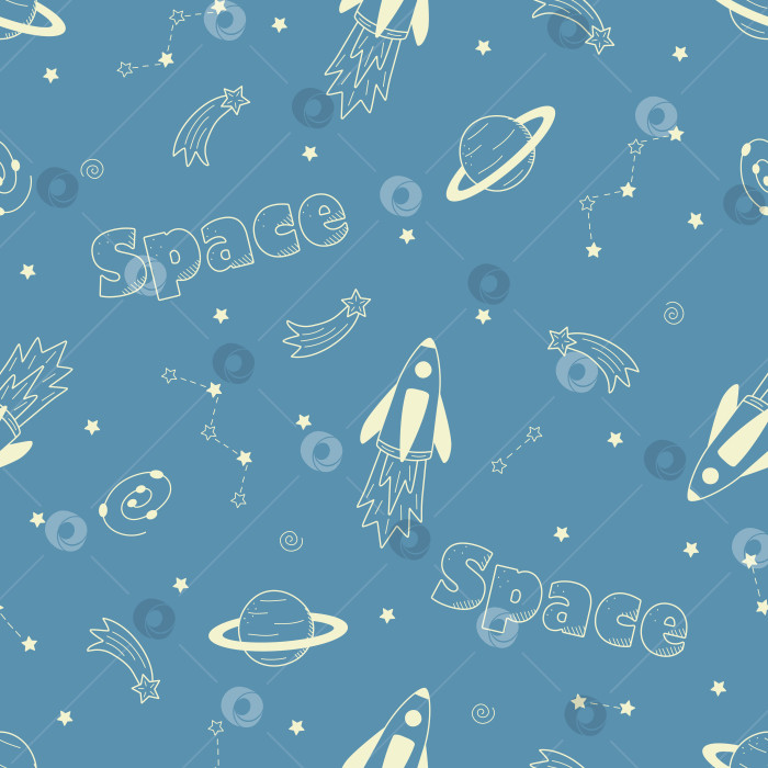 Скачать Cosmos doodle - это набор векторных иллюстраций. Бесшовные изображения космических элементов: ракета, космонавт, звезды, спутник, телескоп, комета. фотосток Ozero