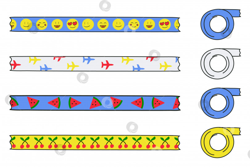 Скачать Коллекция узоров для скотча. Эмодзи, самолет, арбуз и вишня. Векторная иллюстрация фотосток Ozero