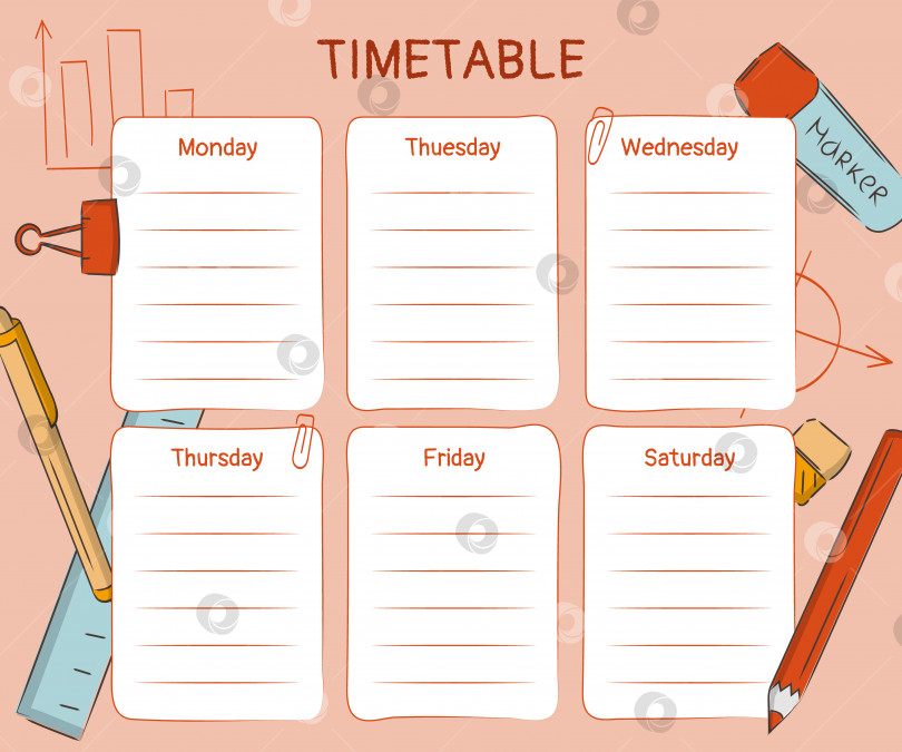 Скачать Шаблон расписания занятий на неделю для учебы или работы с предметами для изучения - канцелярские принадлежности. Векторная иллюстрация фотосток Ozero