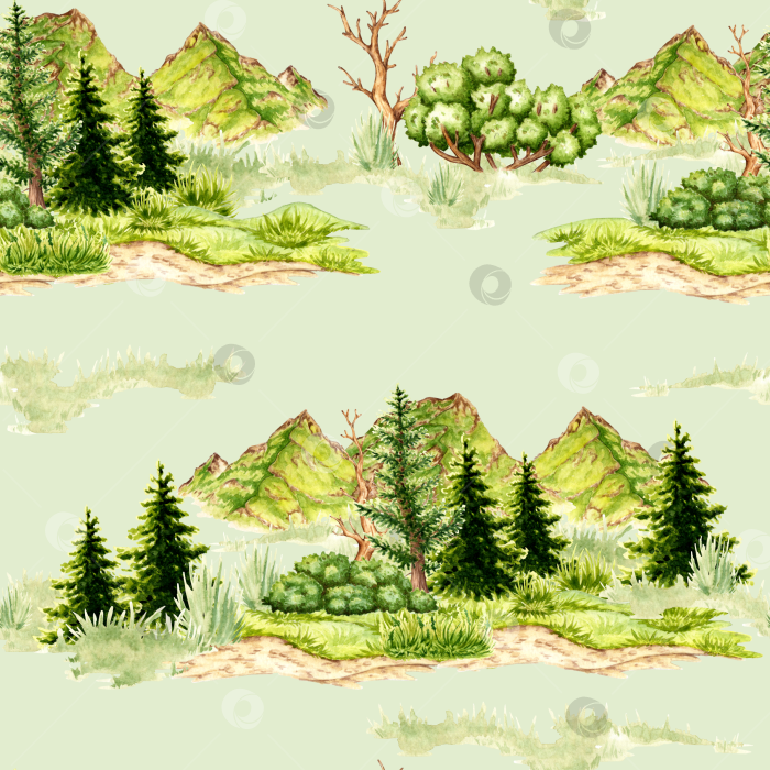 Скачать Узор из зеленых гор, деревьев, кустов и травы на зеленом фоне акварелью фотосток Ozero