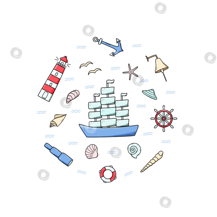 Скачать Морской набор элементов, символизирующих морскую жизнь. Корабельные телескопические ракушки, спасательный круг, якорь, рулевое колесо, бык, маяк и чайки. Векторная иллюстрация, символы моряков или пиратов. фотосток Ozero