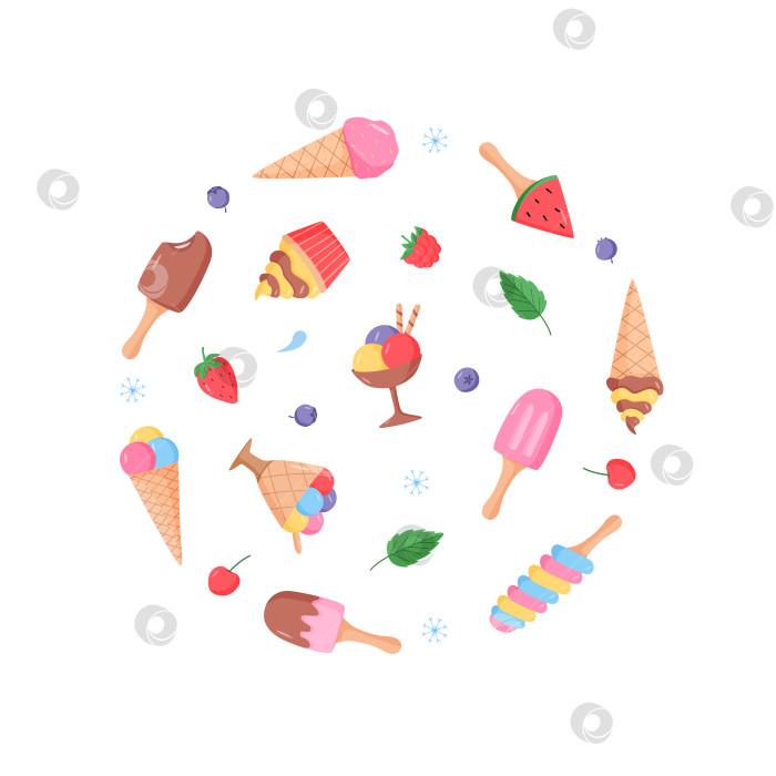 Скачать Набор ярких цветных иконок с мороженым и ягодами. Векторная иллюстрация летних десертов: фруктовое мороженое, мороженое в вафельных рожках, клубника, вишня, малина, мята, черника. фотосток Ozero