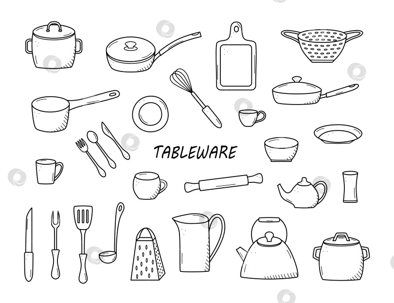 Скачать Кухонные инструменты и посуда с изображением каракулей. Набор векторных иллюстраций elements cook. фотосток Ozero