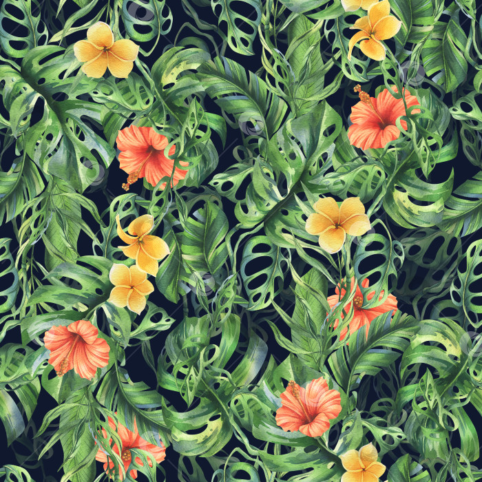 Скачать Тропические пальмовые листья, монстера и цветы плюмерии, гибискуса, яркие и сочные. Ботаническая иллюстрация, выполненная вручную акварелью. Бесшовный узор на темном фоне. фотосток Ozero