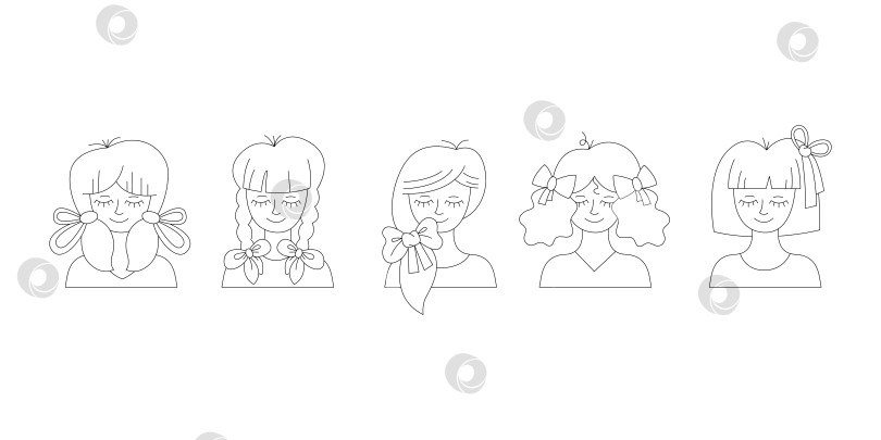 Скачать Набор из 5 девушек с разными прическами и бантами для волос. Черно-белая векторная иллюстрация с каракулями. фотосток Ozero