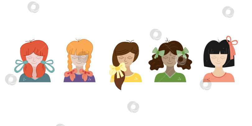 Скачать Набор из 5 девушек с разными прическами и бантами для волос. Векторная иллюстрация с цветными каракулями. фотосток Ozero