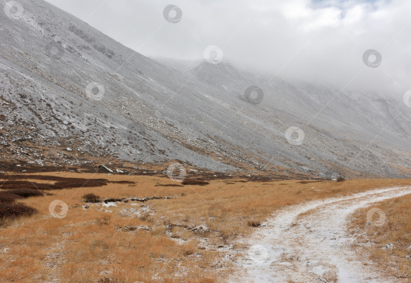 Скачать Пасмурным осенним утром покрытая снегом полевая дорога поворачивает направо вдоль высокого горного хребта. фотосток Ozero