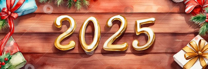 Скачать Акварель "С Новым годом" - деревянные буквы и цифры 2025 на праздничном рождественском фоне с блестками, звездами, снегом. Поздравления, открытка. Календарь, обложка. Создан с помощью искусственного интеллекта фотосток Ozero