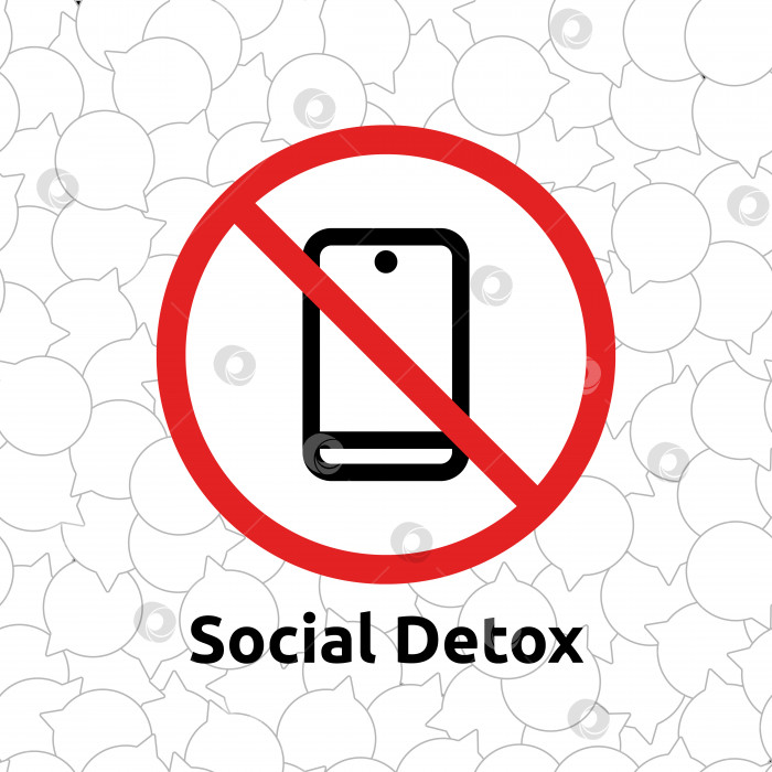 Скачать Иллюстрация перечеркнутого мобильного телефона с надписью Social Detox на фоне разговорных пузырей фотосток Ozero