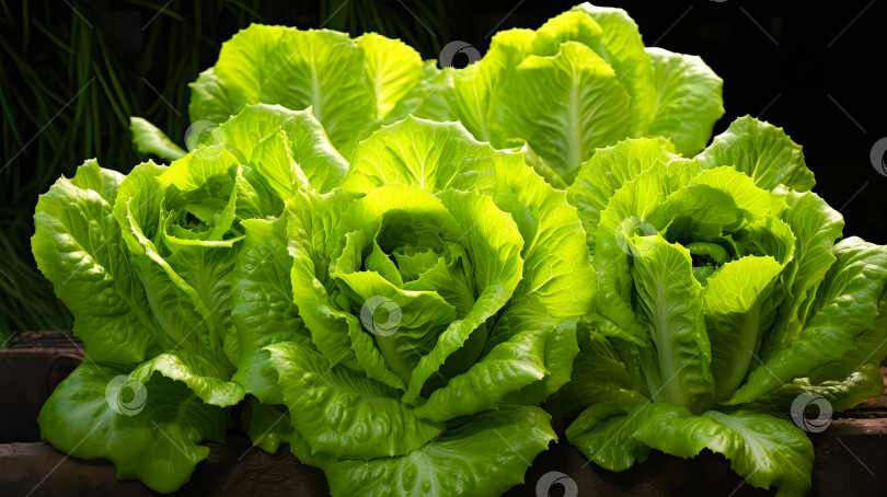 Скачать Урожай свежего салата-латука в саду - полезный овощ, экологически чистая зелень, растущая в вашем саду. Создан с помощью искусственного интеллекта фотосток Ozero