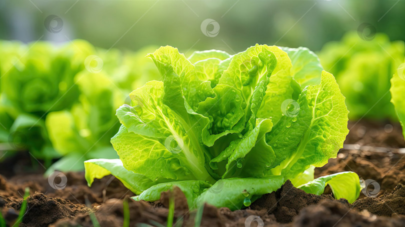 Скачать Урожай свежего салата-латука в саду - полезный и экологически чистый овощ, растущий в вашем саду. Создан с помощью искусственного интеллекта фотосток Ozero