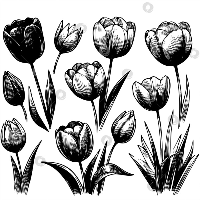 Скачать набор черно-белых цветов на стеблях фотосток Ozero