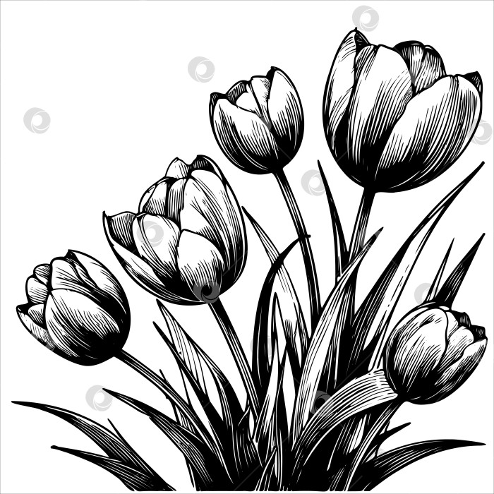 Скачать Черно-белый рисунок с букетом тюльпанов фотосток Ozero