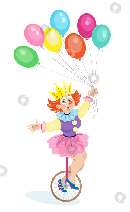 Скачать Забавная девочка-клоун катается на цирковом велосипеде с большой связкой воздушных шаров. фотосток Ozero