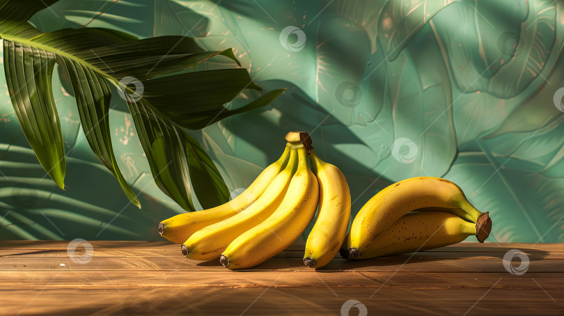 Скачать Спелые бананы на деревянной поверхности, тропический фон. Создан искусственный интеллект. фотосток Ozero