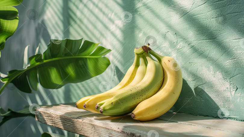 Скачать Спелые бананы на деревянной поверхности, тропический фон. Создан искусственный интеллект. фотосток Ozero