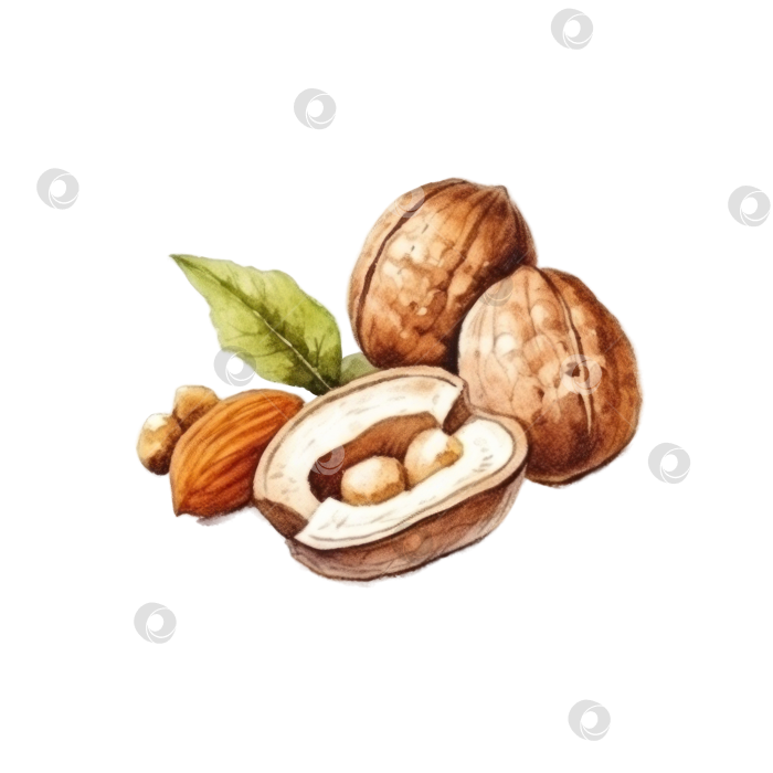 Скачать Грецкие орехи и скорлупа грецкого ореха выделены на прозрачном фоне в стиле акварельной живописи. Полезные продукты, элемент дизайна фотосток Ozero