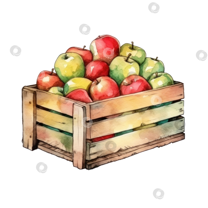 Скачать Яблоки в деревянном ящике, акварель. Иллюстрация с изображением деревянного ящика со спелыми фруктами, яблоками. Сбор урожая. Может быть использован для меню, фермерских рынков, баннеров, принтов.Прозрачный фон, изолированное изображение фотосток Ozero