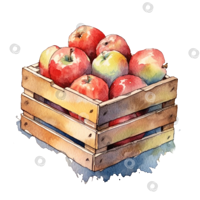 Скачать Яблоки в деревянном ящике, акварель. Иллюстрация с изображением деревянного ящика со спелыми фруктами, яблоками. Сбор урожая. Может быть использован для меню, фермерских рынков, баннеров, принтов.Прозрачный фон, изолированное изображение фотосток Ozero