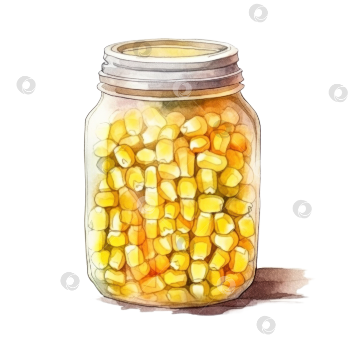 Скачать Консервированная кукуруза, акварельная иллюстрация. Кукурузные зерна в стеклянной банке, овощные консервы, вегетарианские блюда, дизайн упаковки.Баннер с органической консервированной кукурузой. Прозрачный фон, изолированное изображение фотосток Ozero