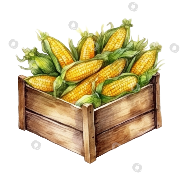 Скачать Урожай кукурузы в деревянном ящике, акварельная иллюстрация, для оформления меню, баннеров на фермах и праздников. фермерские рынки, баннеры, принты. Прозрачный фон, изолированное изображение фотосток Ozero
