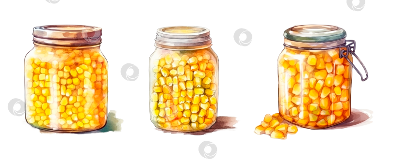 Скачать Набор консервированной кукурузы, иллюстрация акварелью. Кукурузные зерна в стеклянной банке, овощные консервы, вегетарианские блюда, дизайн упаковки.Баннер с органической консервированной кукурузой. Прозрачный фон, изолированное изображение фотосток Ozero