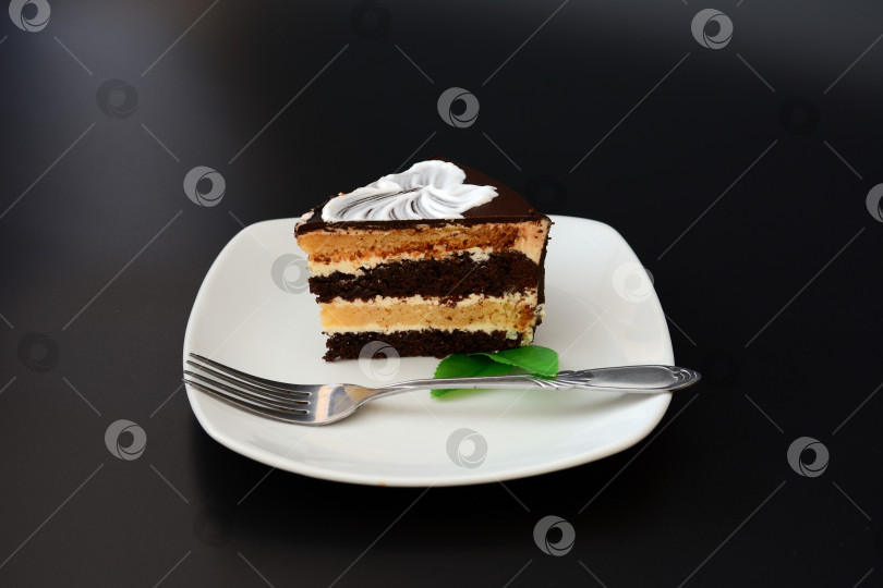 Скачать Кусочек шоколадного бисквитного торта с листочками мяты и вилкой на белой керамической тарелке на черном фоне. фотосток Ozero