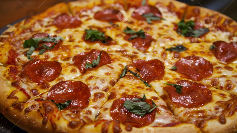 Скачать Пицца пепперони с сыром и базиликом сверху фотосток Ozero
