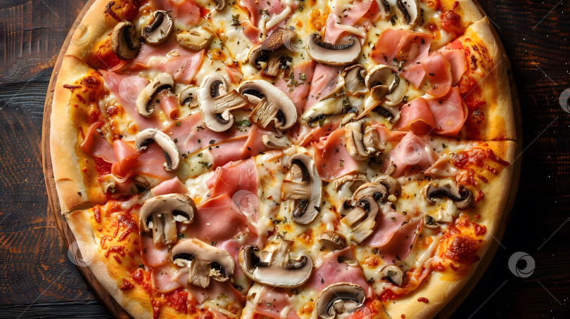 Скачать На черной тарелке лежит пицца с грибами и ветчиной фотосток Ozero