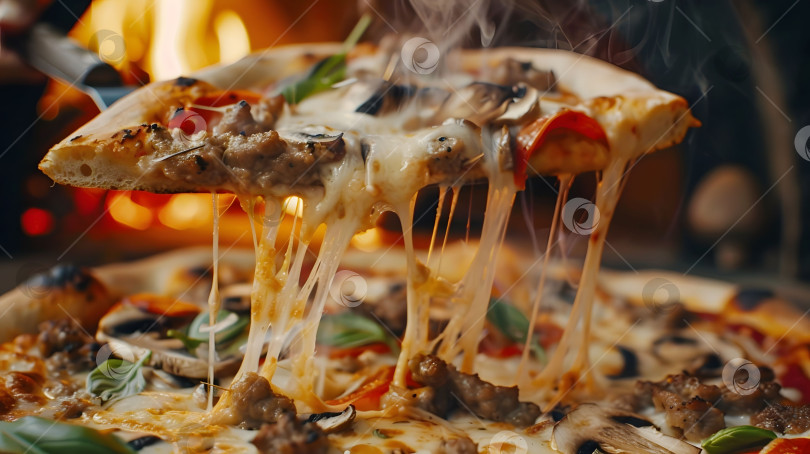 Скачать Кусок пиццы с сыром и начинкой достают из духовки для пиццы фотосток Ozero